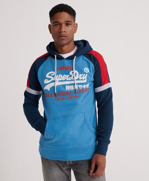 Superdry Vintage Logo Sweat Ing Store Colourblock Férfi Kapucnis Pulóver Kék | GUPOS9014